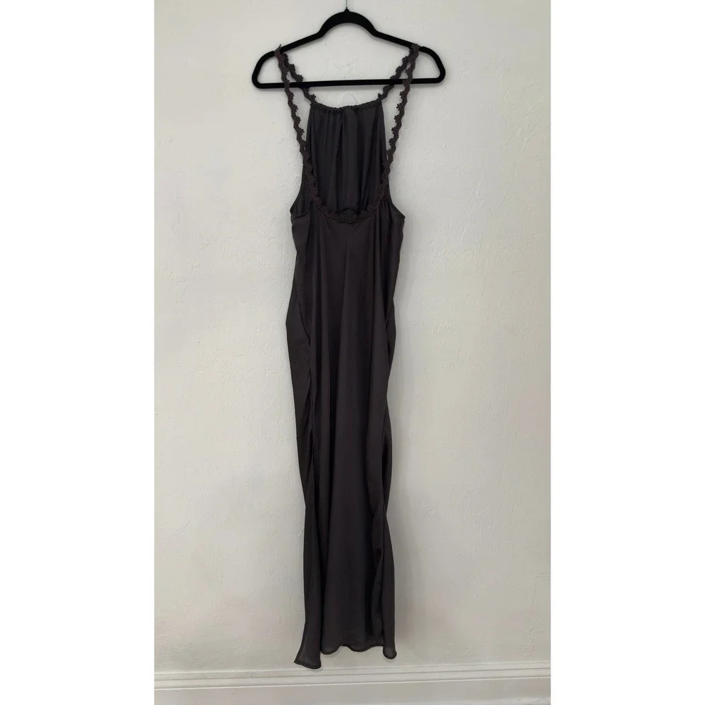 Free People Intimately Grey‎ Halter Maxi Dress Crochet Trim Side Slit L - Picture 5 of 8